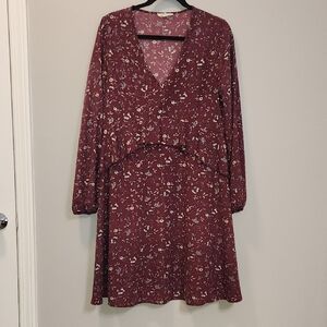 Cedar & Gold Floral Midi Dress Maroon Print Long Sleeve Boho Cottagecore Size M